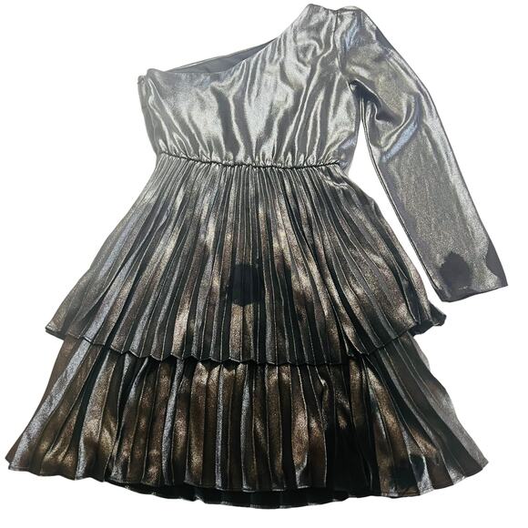 Derek Lam Metallic One Shoulder Pleated Dress Size Black Silver Size EU 36 - Picture 2 of 12